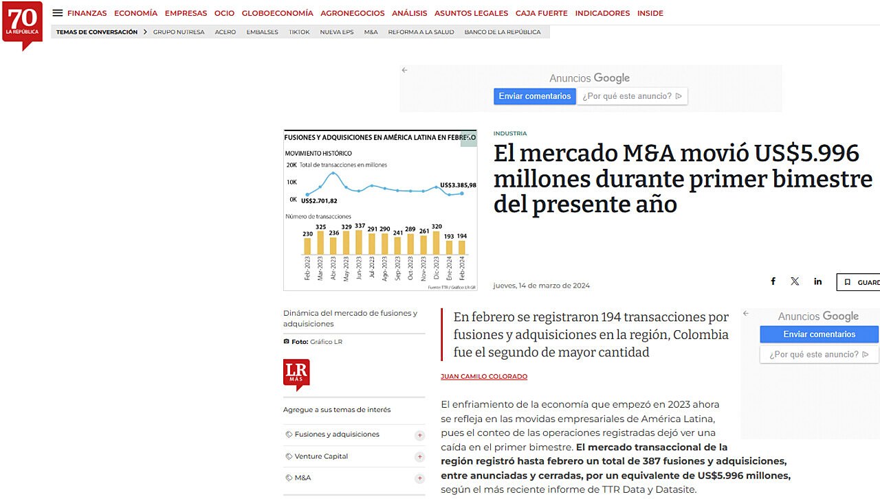 El mercado M&A movi US$5.996 millones durante primer bimestre del presente ao